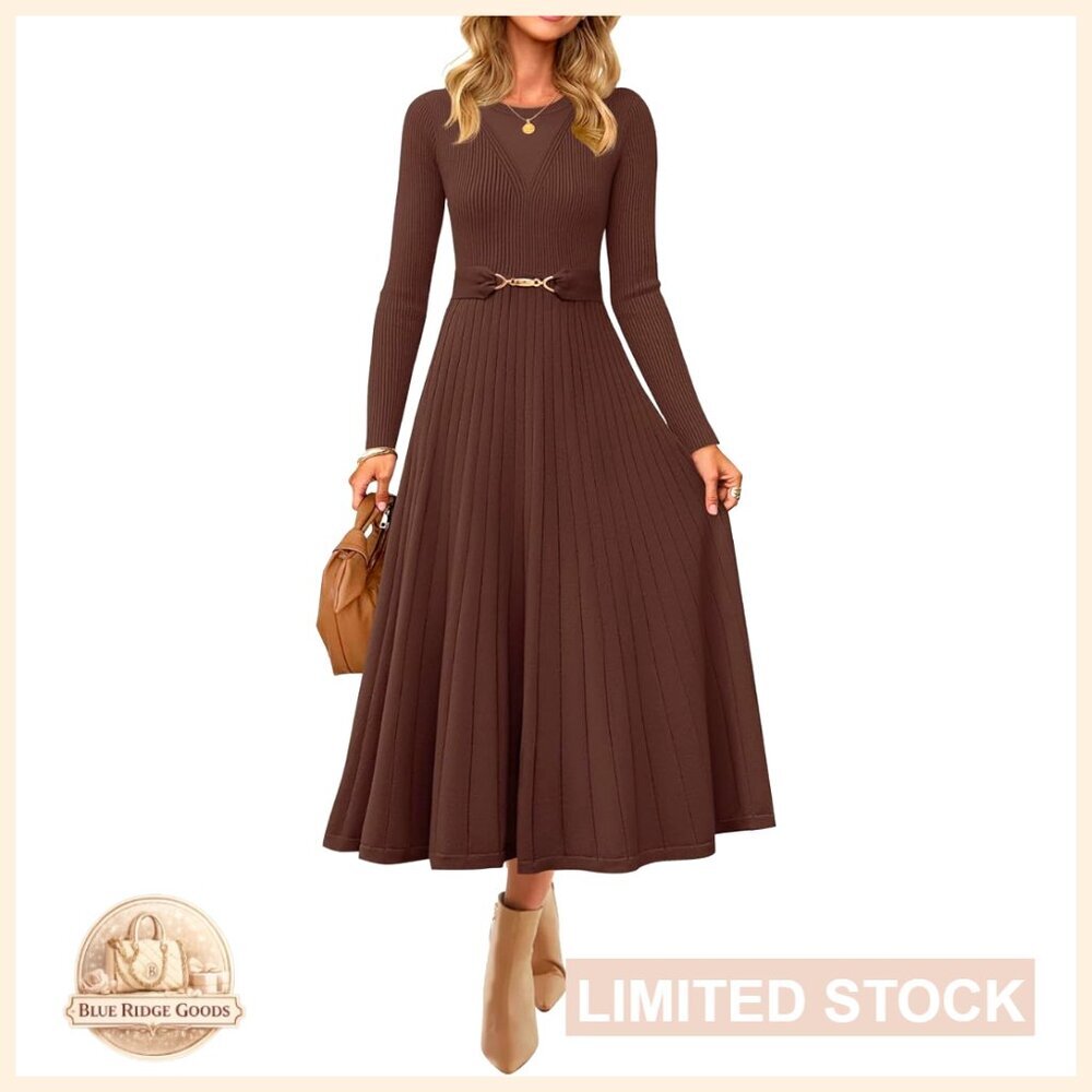 Long Sleeve Midi Sweater Dress Crewneck Knit A-Line Pleated Flowy Belted